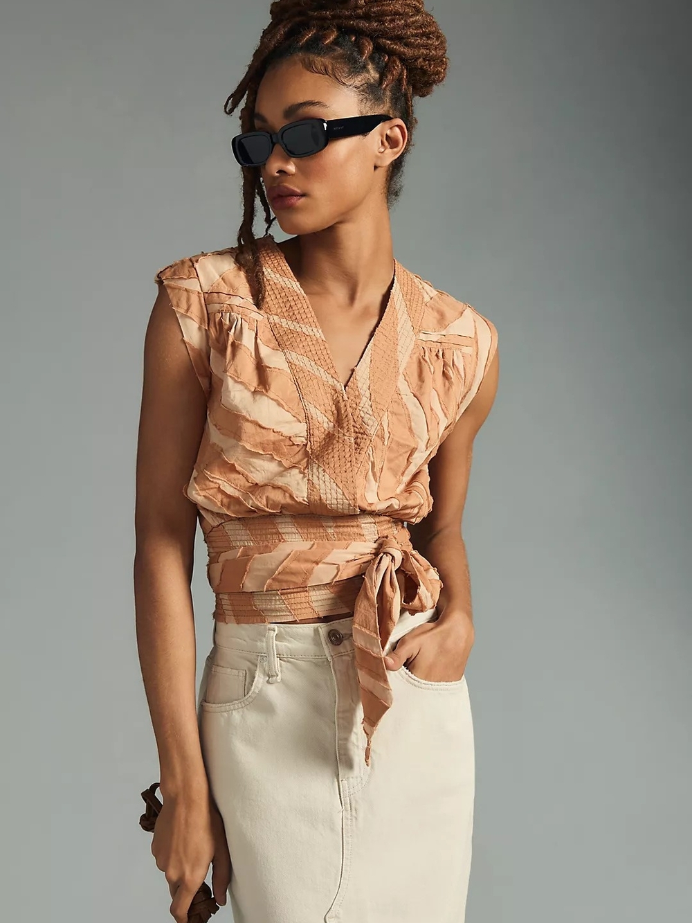 By Anthropologie Sleeveless Wrap Blouse Peach Zebra Smocked Waist Top XS